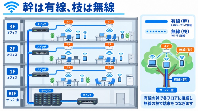 有線を幹、無線を枝としたハイブリッドネットワーク構成の模式図