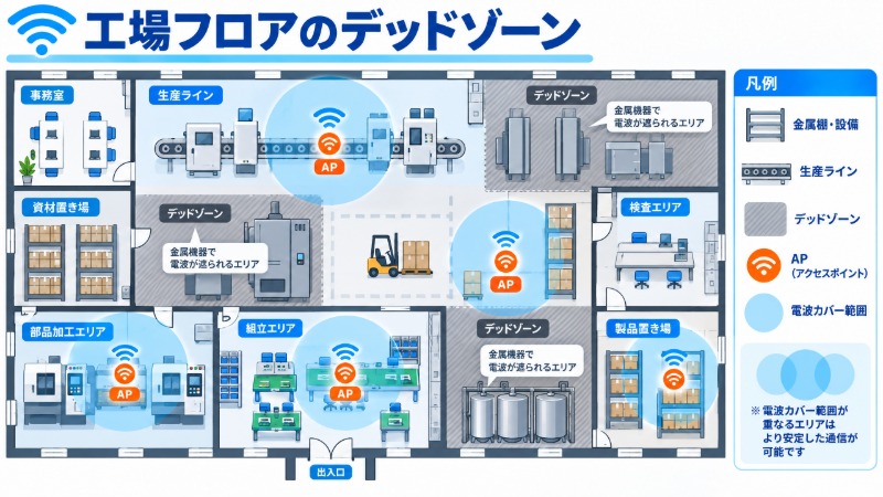本社から複数の工場拠点のアクセスポイントを一元管理する構成図