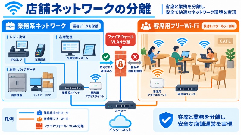 店舗における業務系ネットワークと客席用Wi-Fiの分離構成図