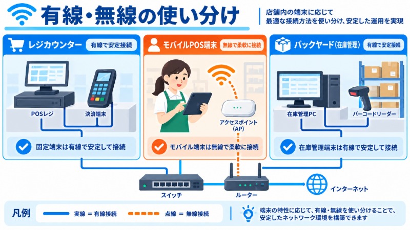 店舗内の端末ごとに有線接続と無線接続を使い分ける構成イメージ