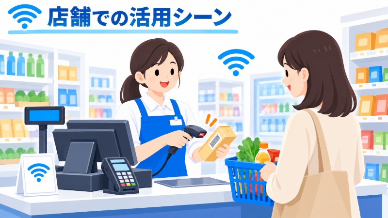 小売店舗のレジカウンターで接客するスタッフ