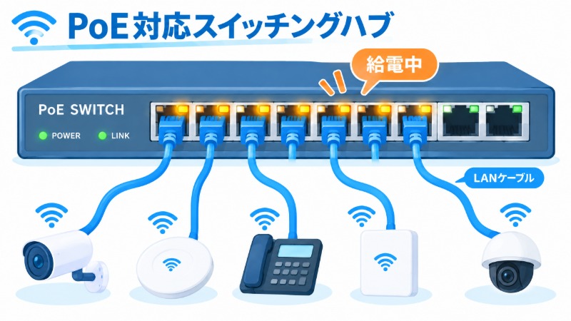 PoE対応スイッチングハブから複数の受電機器へ給電する構成図