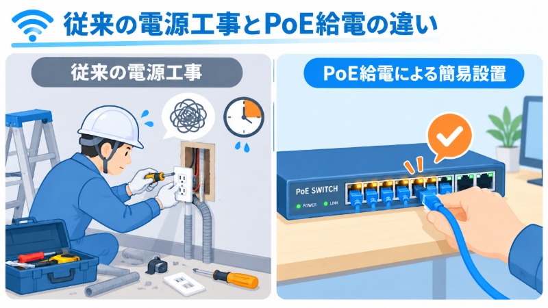 スイッチングハブの総給電能力と接続機器の消費電力を確認する計算イメージ図