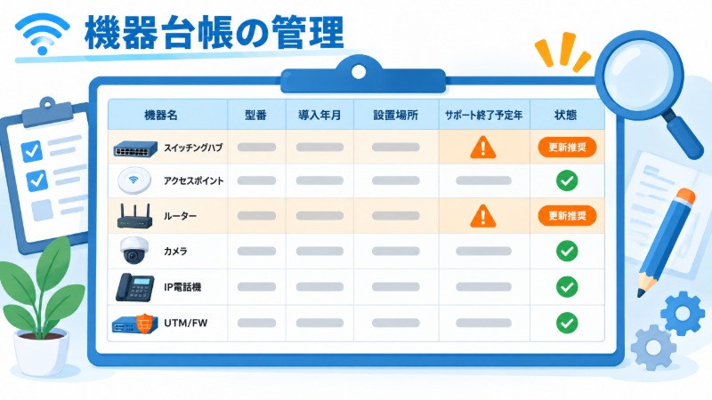 ネットワーク機器の導入年とサポート終了時期を管理する台帳のイメージ