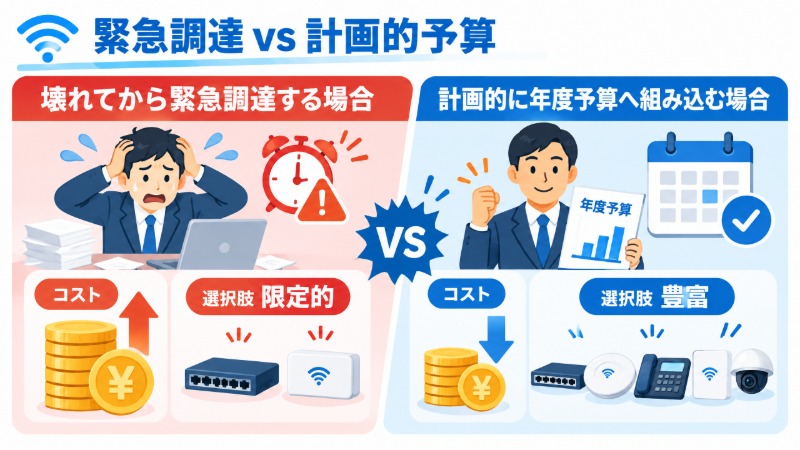 緊急調達と計画的な予算確保を比較する図