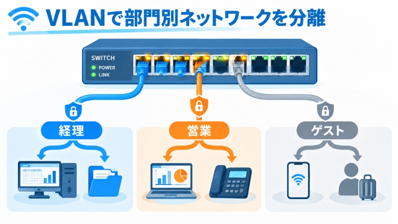 1台のスイッチの中でVLANによって部門ごとに通信が分離されている模式図