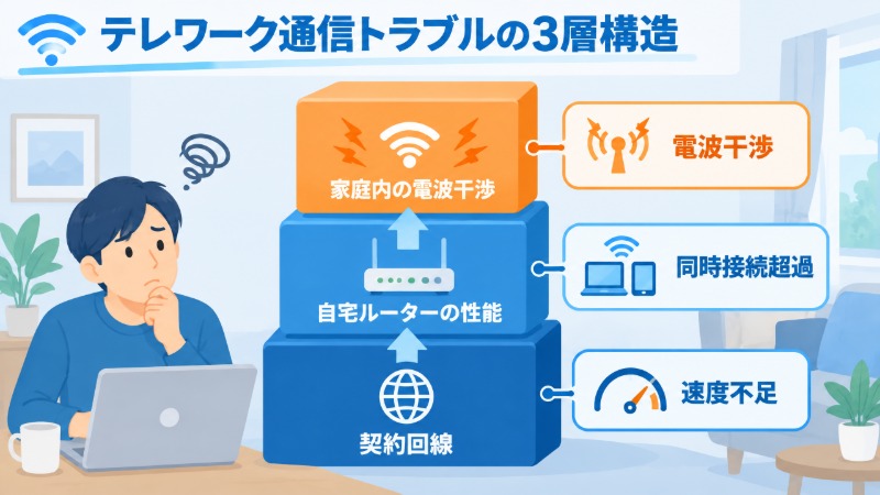 テレワークの通信トラブルの原因を3層構造で示した図