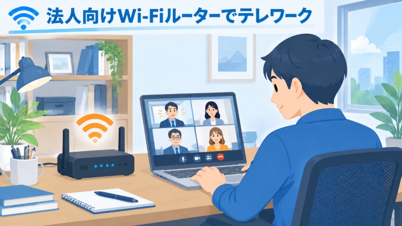 法人向けWi-Fiルーターを自宅に設置してテレワークする様子