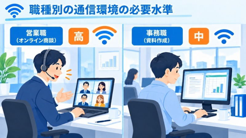 職種によって通信環境の必要水準が異なることを示すオフィスの様子