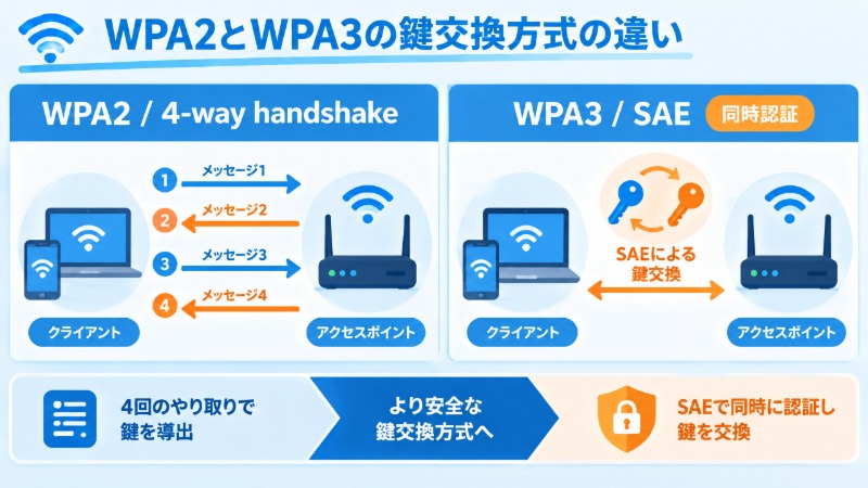 WPA2とWPA3の鍵交換方式の違いを示す図