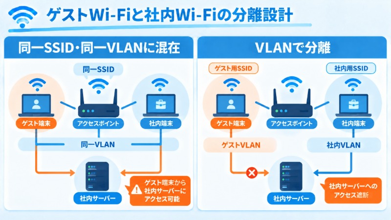 ゲストWi-Fiと社内Wi-Fiの分離設計を示す図