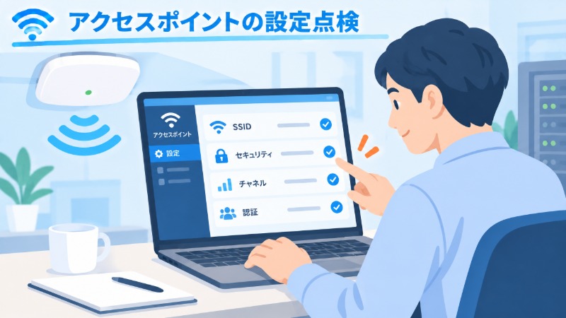 アクセスポイントの設定を点検する情報システム担当者の様子