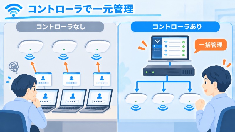 コントローラなしとコントローラありの管理方式の違いを示す図