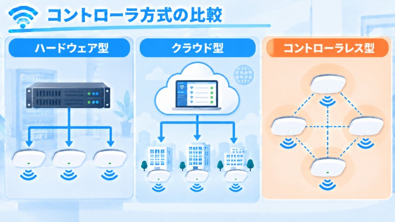 ハードウェア型・クラウド型・コントローラレス型の3方式を比較する図