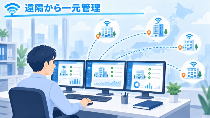 本社から複数拠点のネットワークを遠隔管理する情報システム担当者の様子