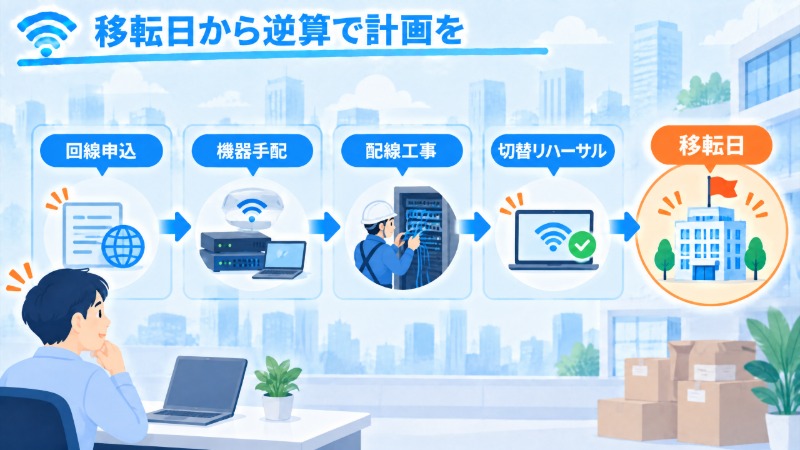 内装・什器の手配と回線工事の手配の違いを示す図