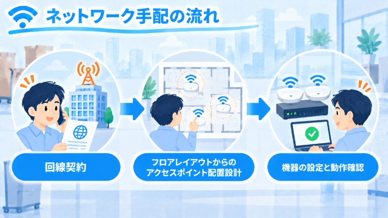 オフィス移転時のネットワーク手配の順番を示す手順図