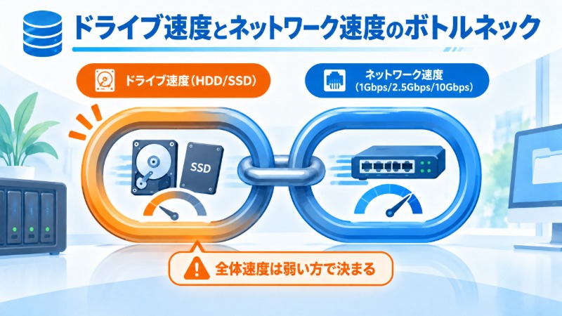 ドライブとネットワークのどちらがボトルネックになるかを示す図