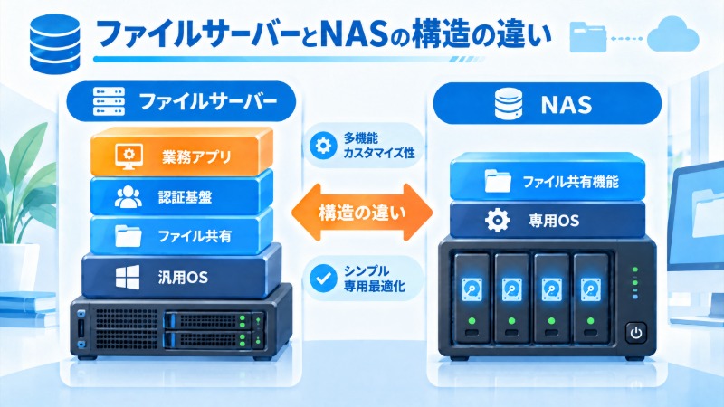 ファイルサーバーとNASの費用構成を比較した図