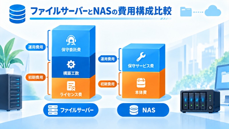 ファイルサーバーとNASの構造の違いを示す図