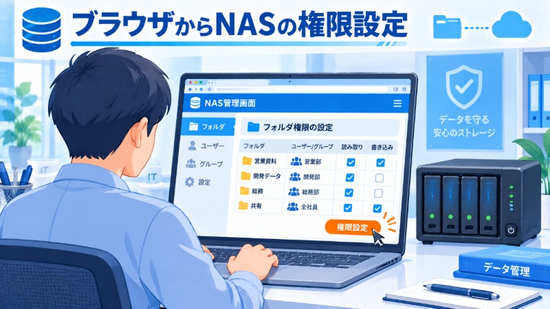 ブラウザ管理画面でNASを操作するIT担当者の様子