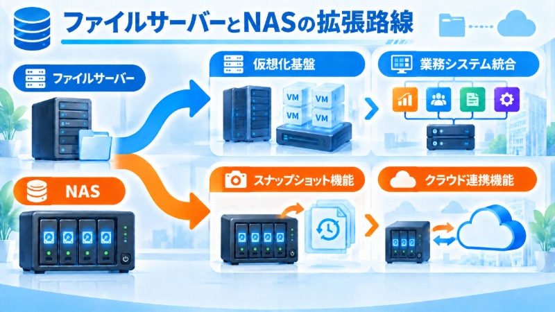 ファイルサーバーとNASそれぞれの拡張路線の違いを示す図