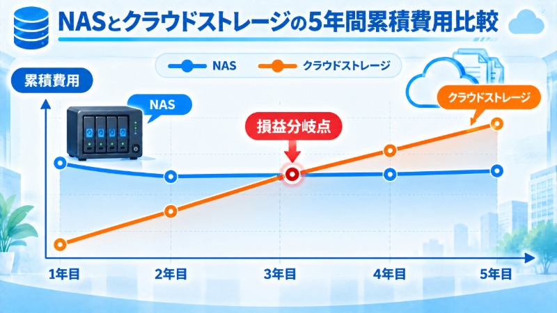NASとクラウドストレージの5年間の累積費用を比較する図