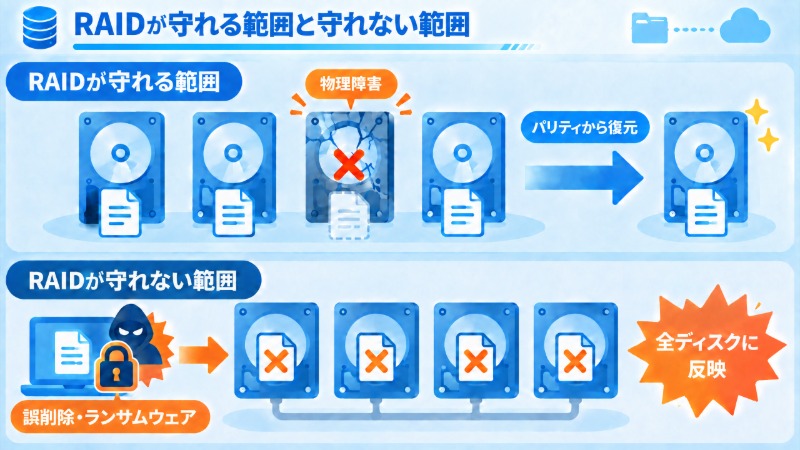 RAID構成ごとの耐障害性の違いを比較する図