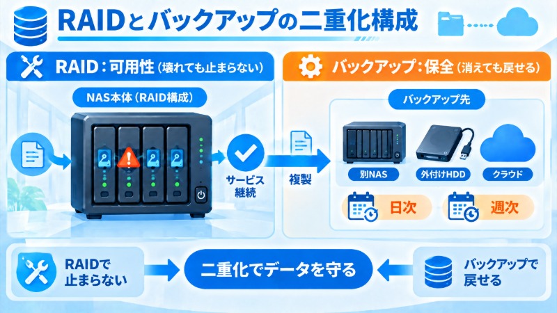 RAIDとバックアップの役割分担と二重化構成を示す図