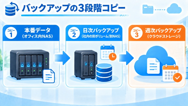 本番データから日次・週次バックアップへの3段階の複製フローを示す図