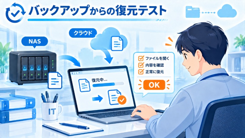 バックアップからの復元テストを行う情報システム担当者の様子