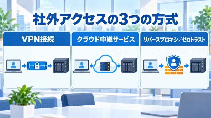 VPNルーターを介して社外端末とNASを接続するネットワーク構成図