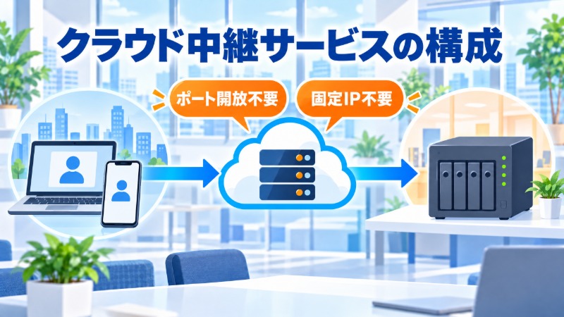 クラウド中継サービスを介して社外端末とNASを接続する構成図