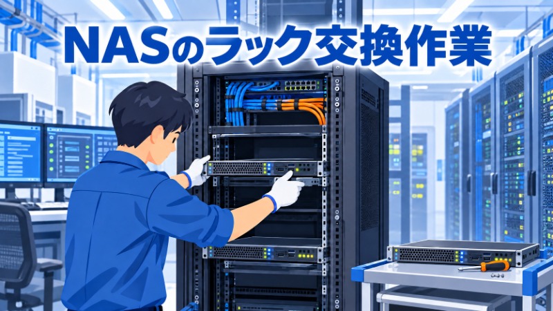 新しいNASをラックに設置し旧型機と入れ替える作業の様子