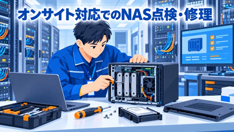 オンサイト対応でエンジニアがNASを点検・修理している様子