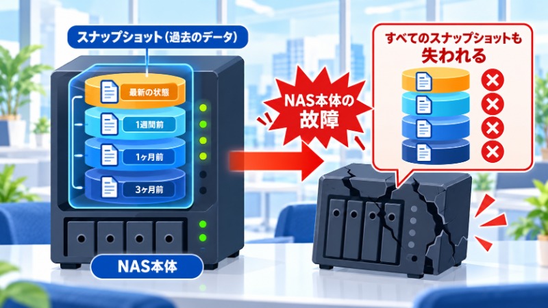 NAS本体が故障した場合にスナップショットも失われる仕組みを示す図