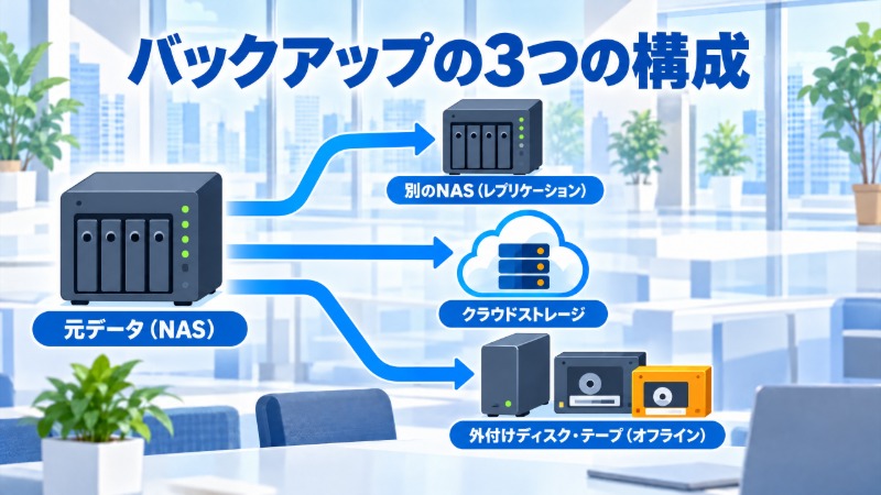 バックアップの代表的な3つの構成（別NAS・クラウド・オフラインメディア）を示す図