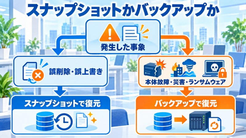 誤削除にはスナップショット、本体障害にはバックアップを使うという判断フローチャート
