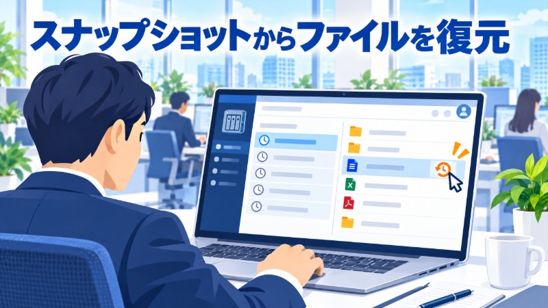 スナップショットからファイルを復元する操作をしているビジネスパーソン