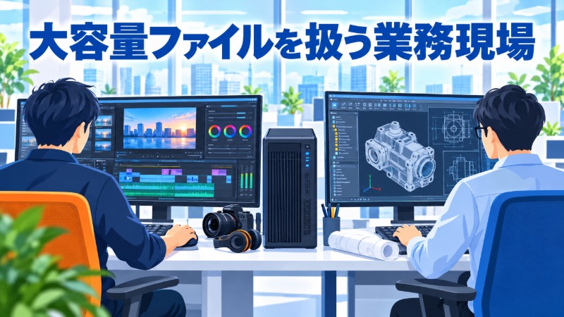 動画編集やCAD設計など大容量ファイルを日常的に扱う業務現場の様子