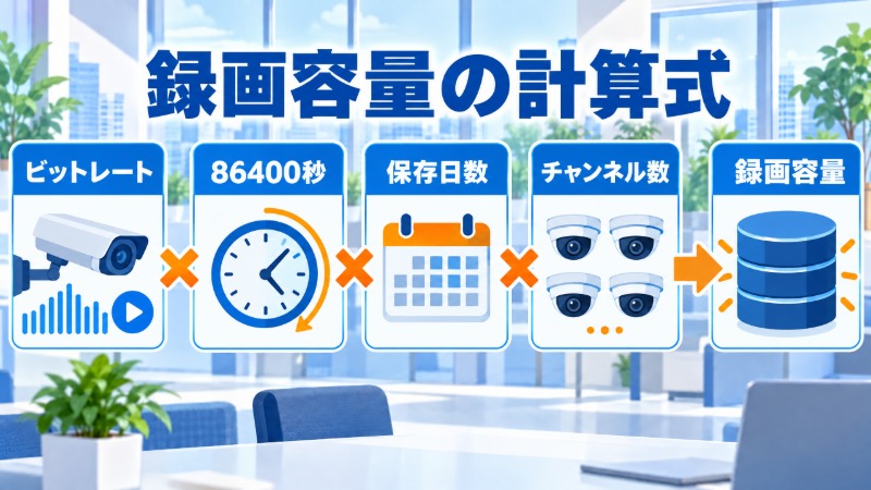 監視カメラの録画容量を計算する式を示した図