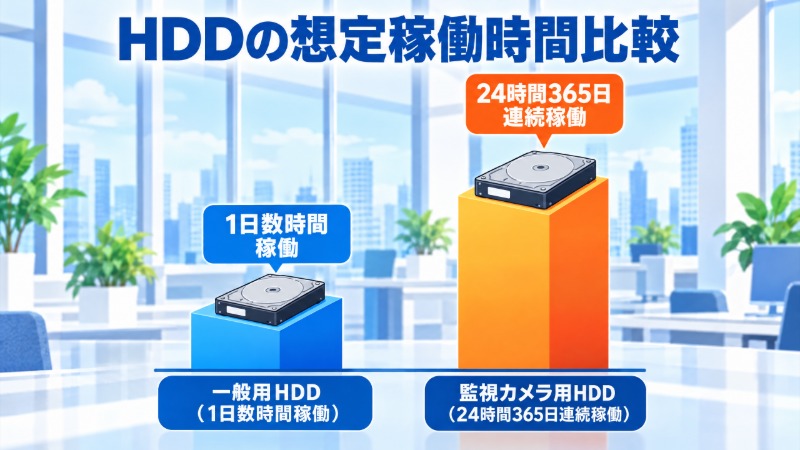 一般用HDDと監視カメラ用HDDの想定稼働時間を比較する図