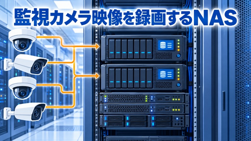 監視カメラ映像を録画するNAS機器がラックに設置されている様子