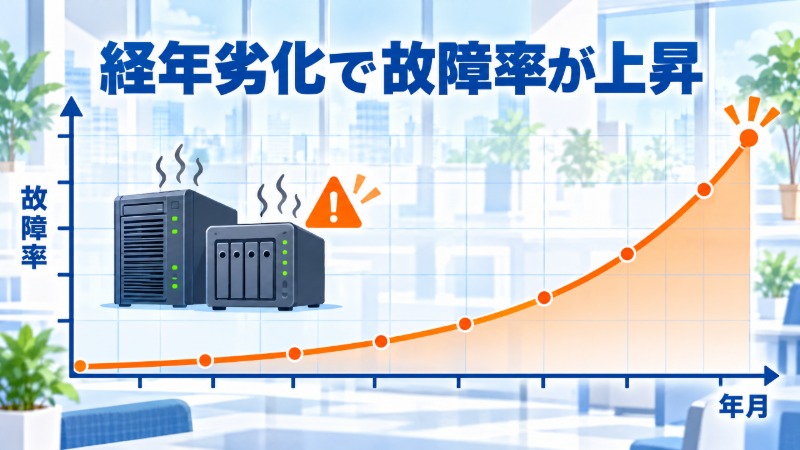経年劣化した機器の故障率が時間とともに上昇することを示すグラフ