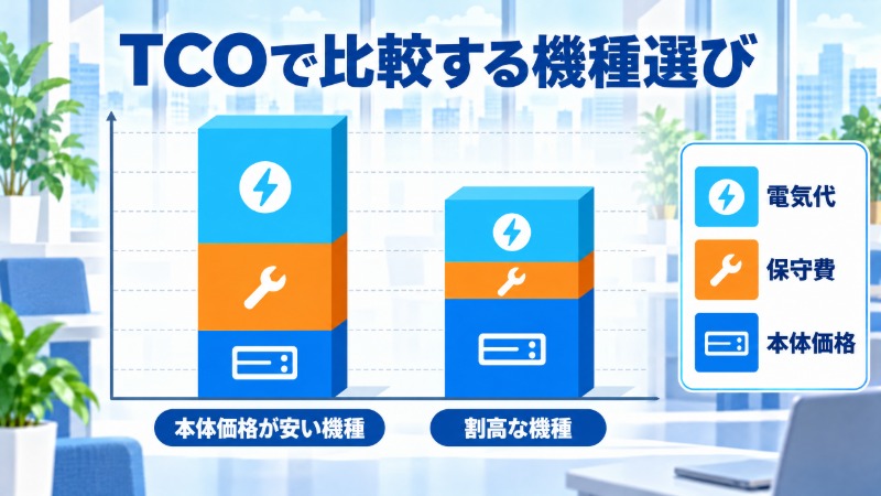 本体価格が安い機種と割高な機種のTCOを年数で比較する図