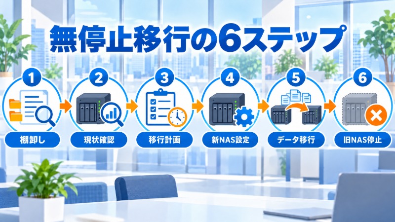 無停止移行の6つのステップを示すフローチャート