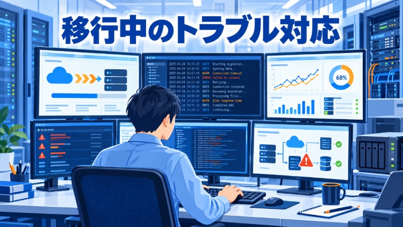 移行作業中のトラブル対応をするIT担当者の様子