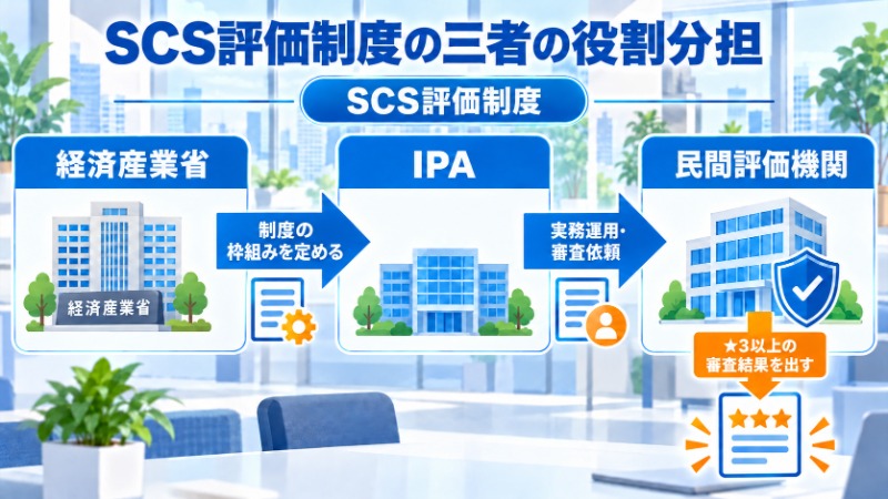 SCS評価制度の★1から★5にかけて評価方法が自己宣言から第三者評価へ変わることを示す階段状の図