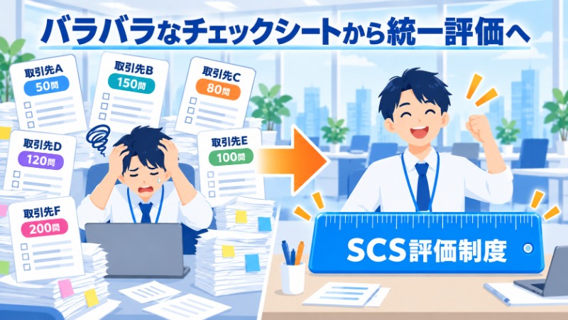 バラバラなチェックシート対応が統一された評価制度に置き換わることを示す対比図