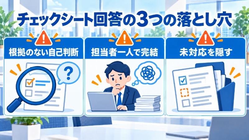 セキュリティチェックシート回答でよくある3つの落とし穴を示す図